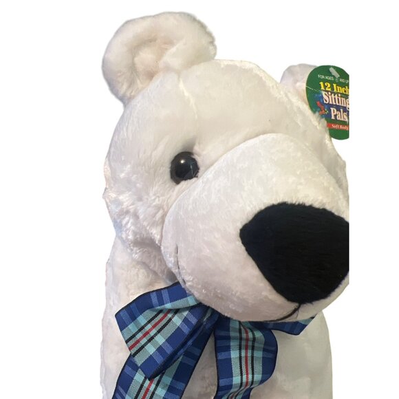 12 Inch Sitting Pals Plush White Polar Bear With Blue Plaid Bow NWT - Picture 3 of 6